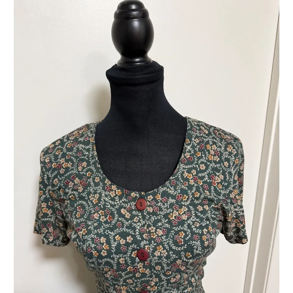 Vintage Rampage Floral Maxi Dress Green Rayon Button Front Tie Back Cottage 90s